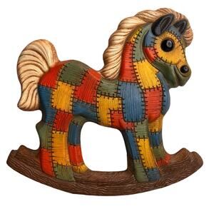 Vintage 70s Patchwork Quilt Rocking Horse Wall Plaque Decor Foam Craft Nursery